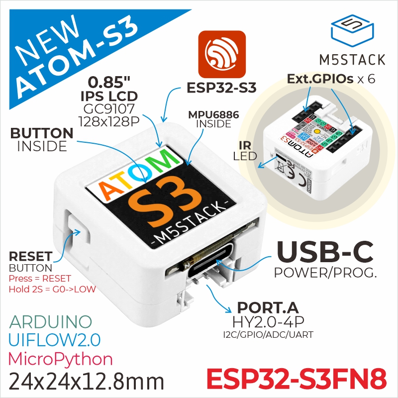 Original M5Stack ATOMS3 ESP32- - đánh giá và giá Esp32 Uart Module